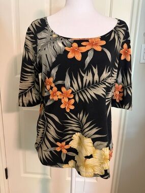 Tommy Bahama Women’s Black Floral Scoop Neck Top with Orange & Yellow Blooms